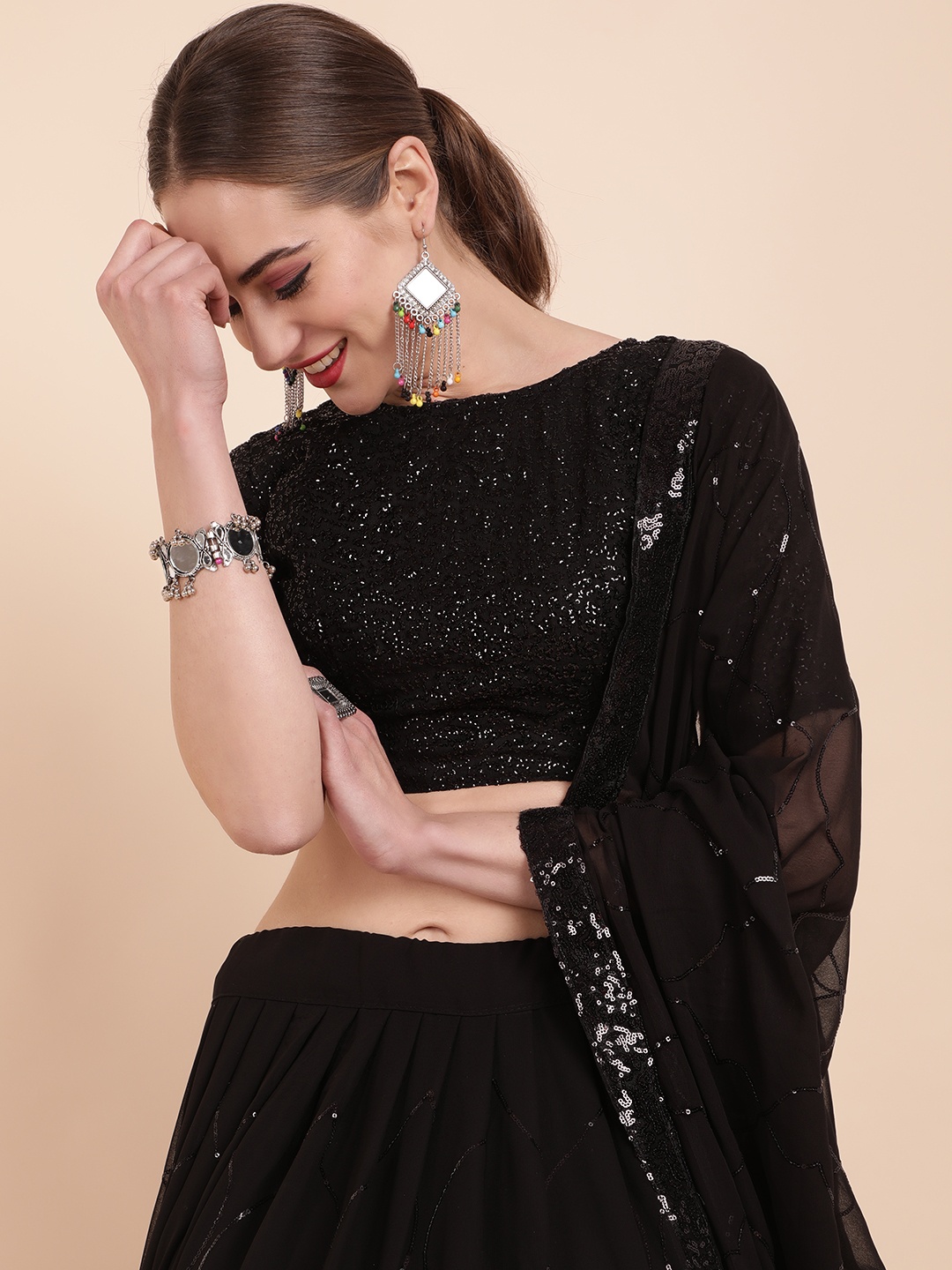 

Sangria Embellished Sequinned Semi-Stitched Lehenga & Unstitched Blouse With Dupatta, Black