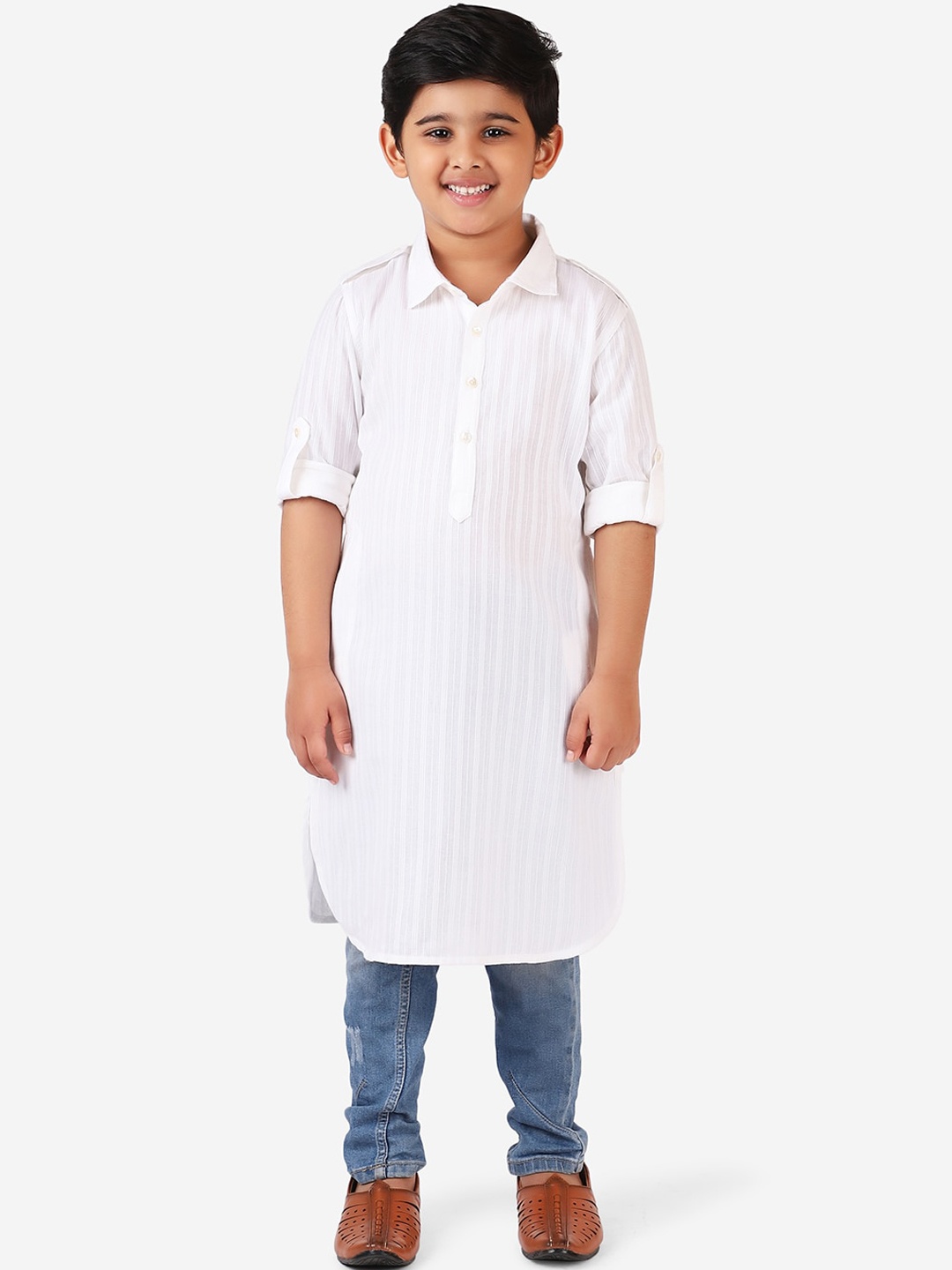 

Fabindia Boys White Striped Shirt Collar Cotton Pathani Kurta
