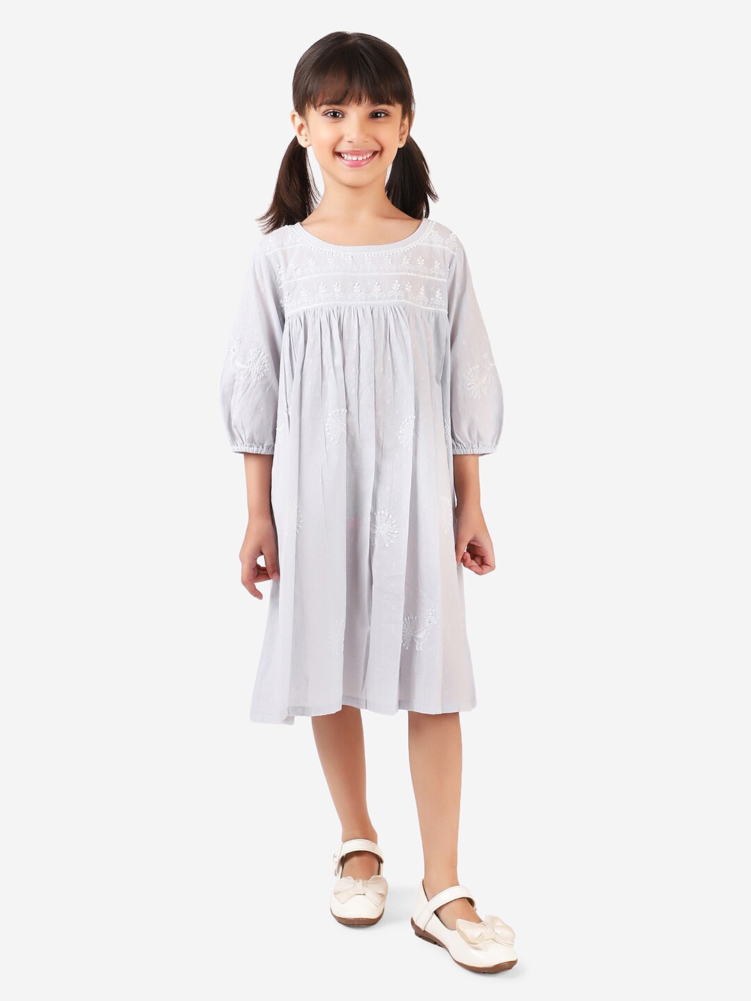 

Fabindia Blue & White Floral Embroidered A-Line Dress