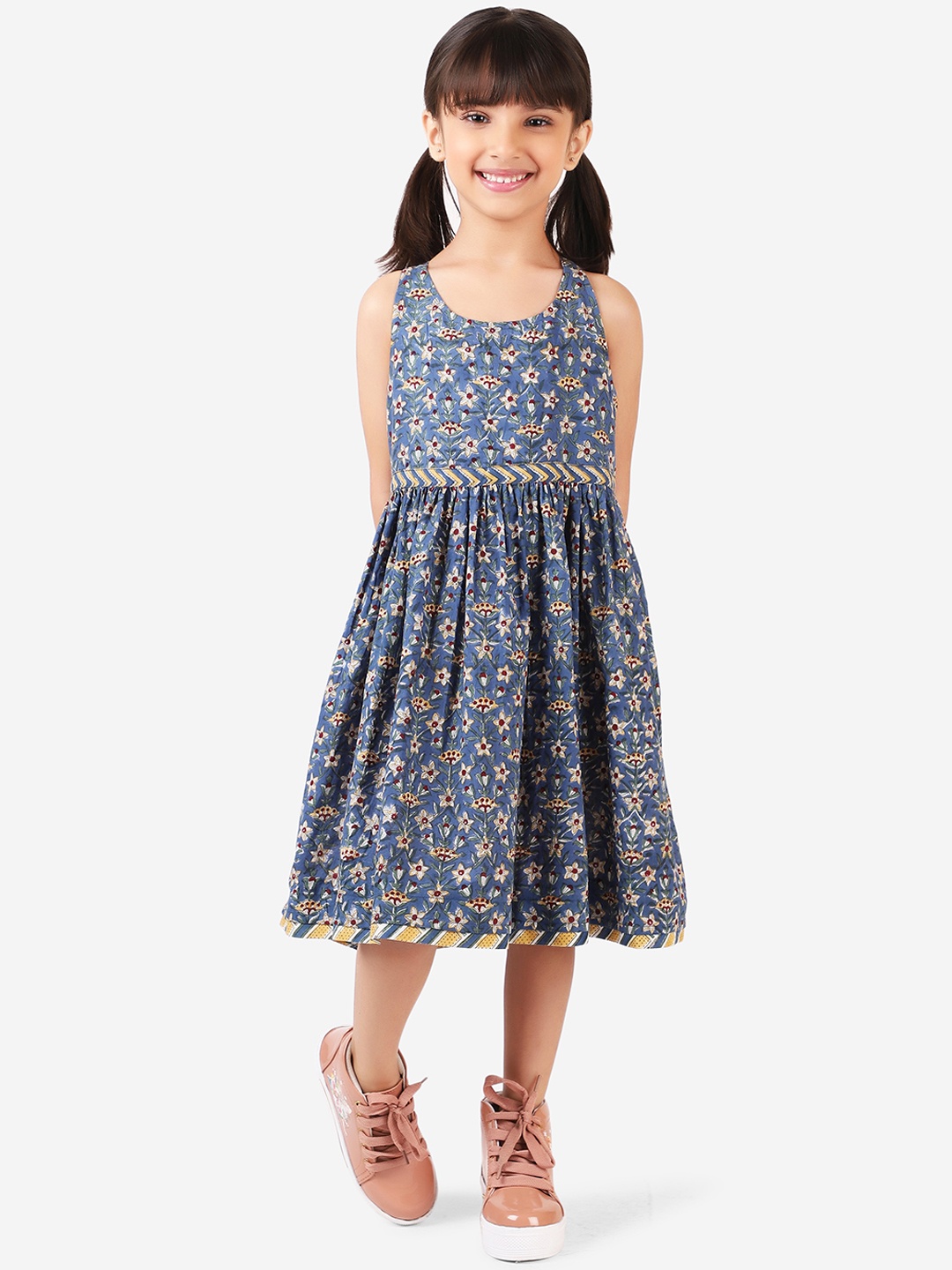 

Fabindia Girls Blue & Yellow Ethnic Motifs Block Printed Cotton Midi Dress