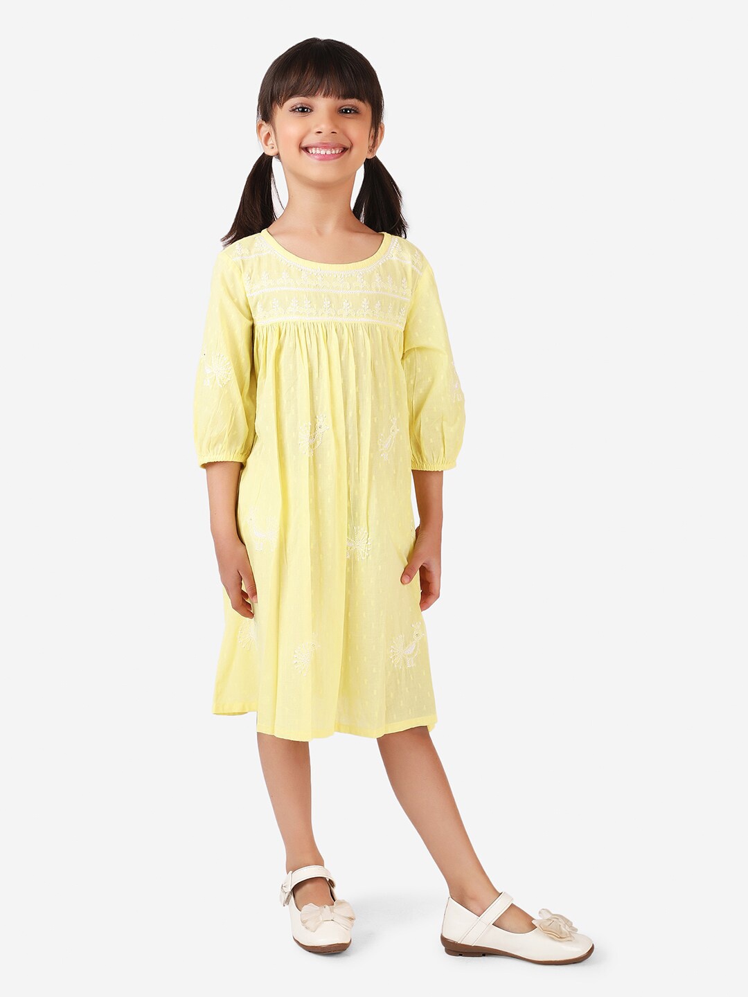 

Fabindia Girls Yellow Floral Embroidered A-Line Dress