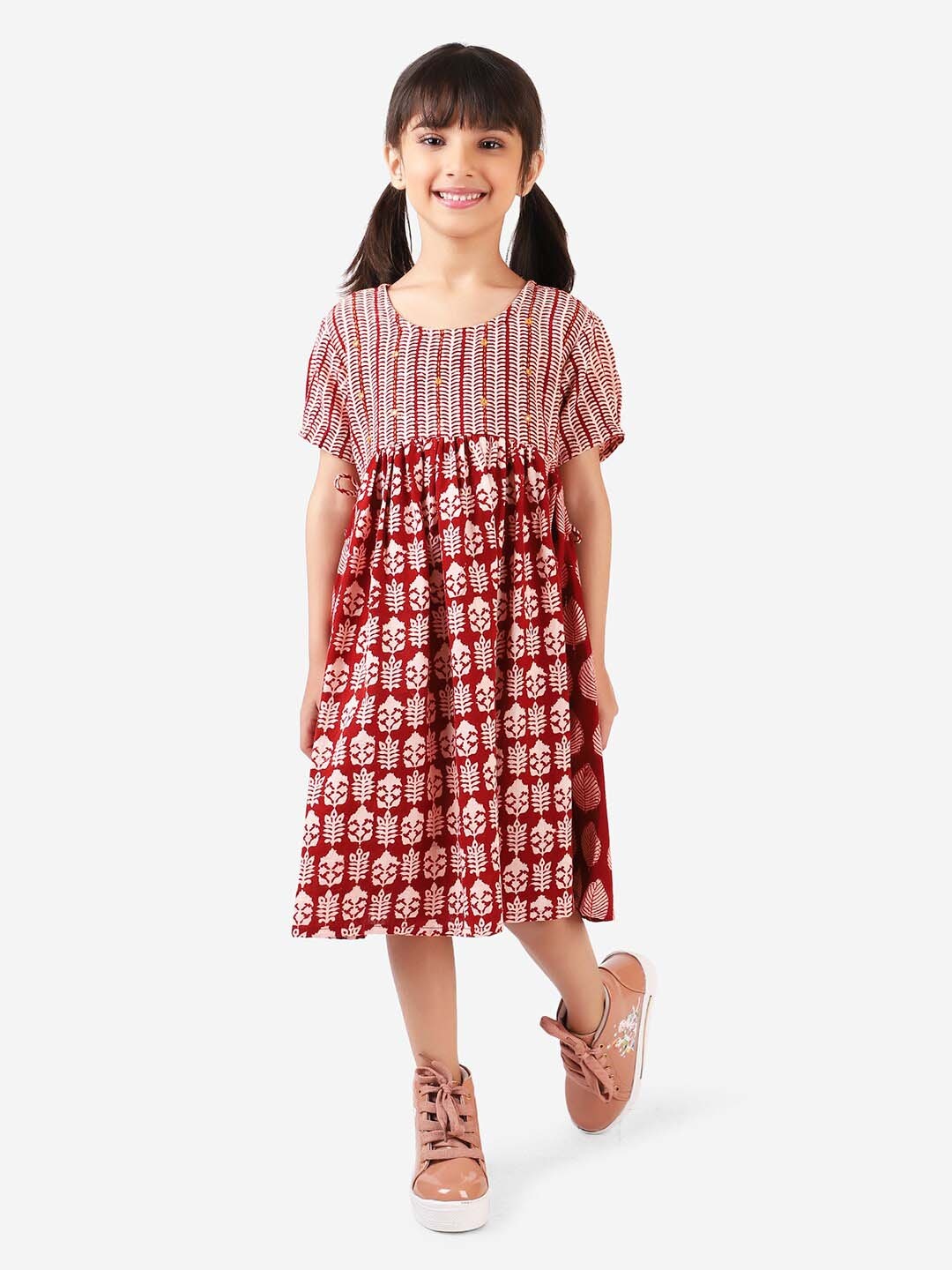 

Fabindia Girls Red & Off White Ethnic Motifs Block Printed Cotton Midi Dress