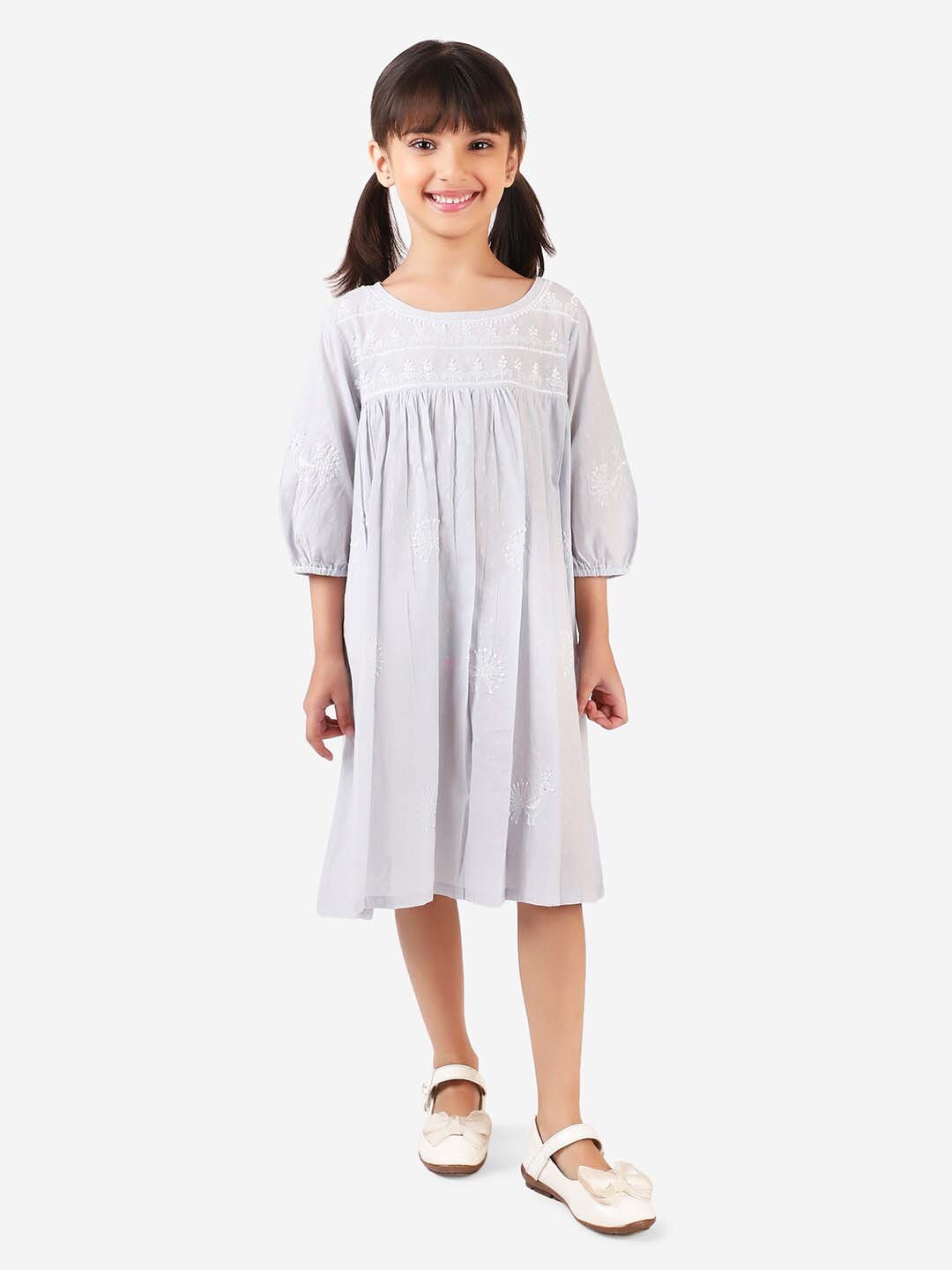 

Fabindia Blue & White Floral Embroidered A-Line Dress