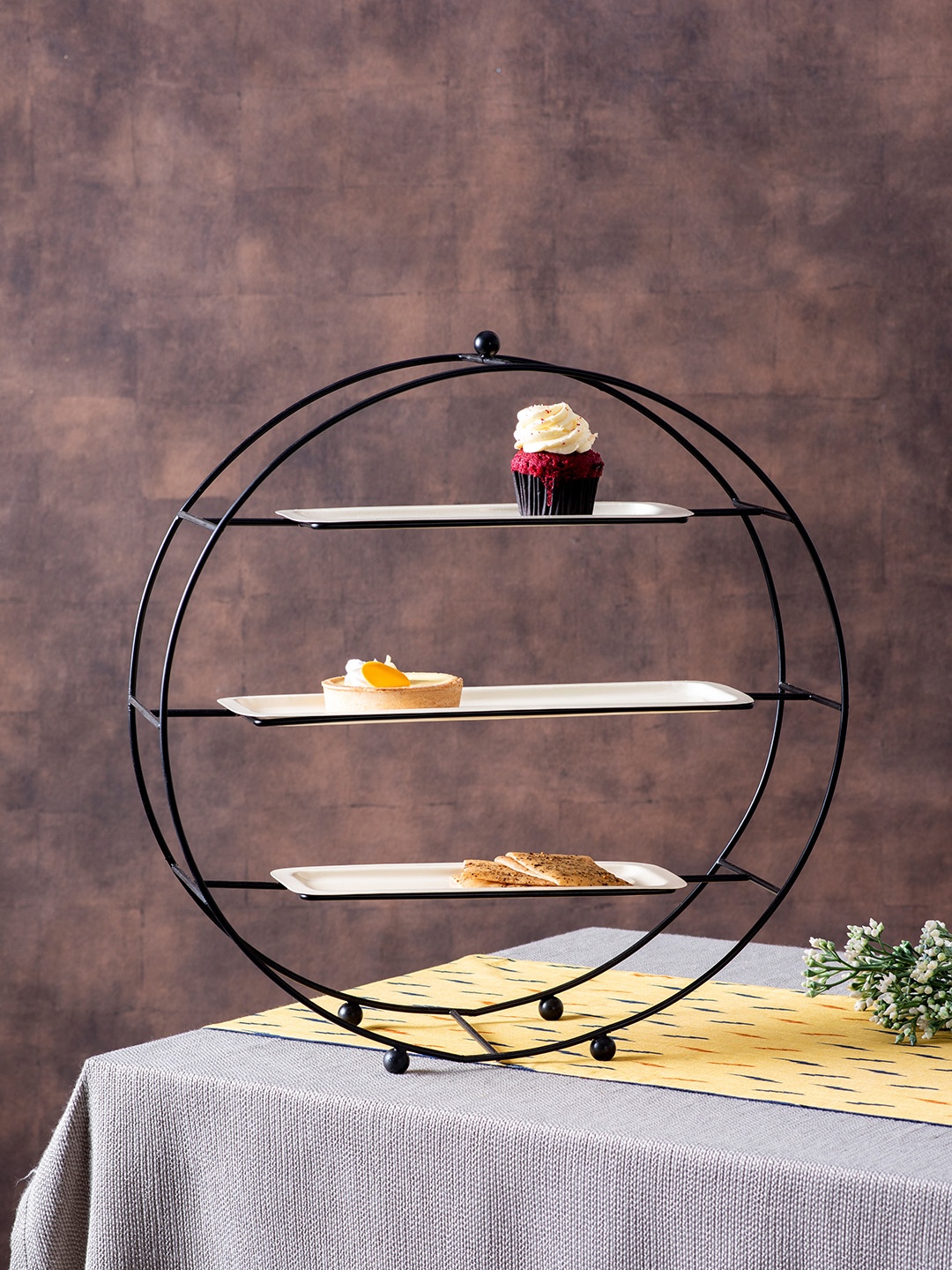 

nestroots Black Glossy Round 3-Tier Cast Iron Dessert Serveware with Trays