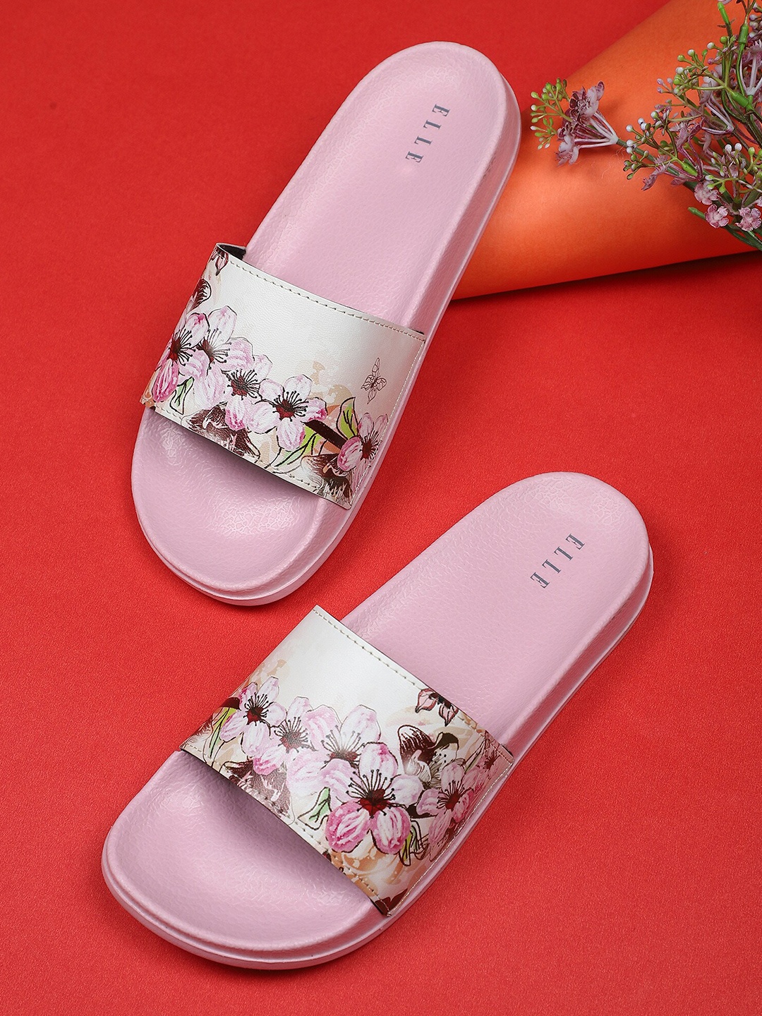 

ELLE Women Pink & White Floral Printed Sliders