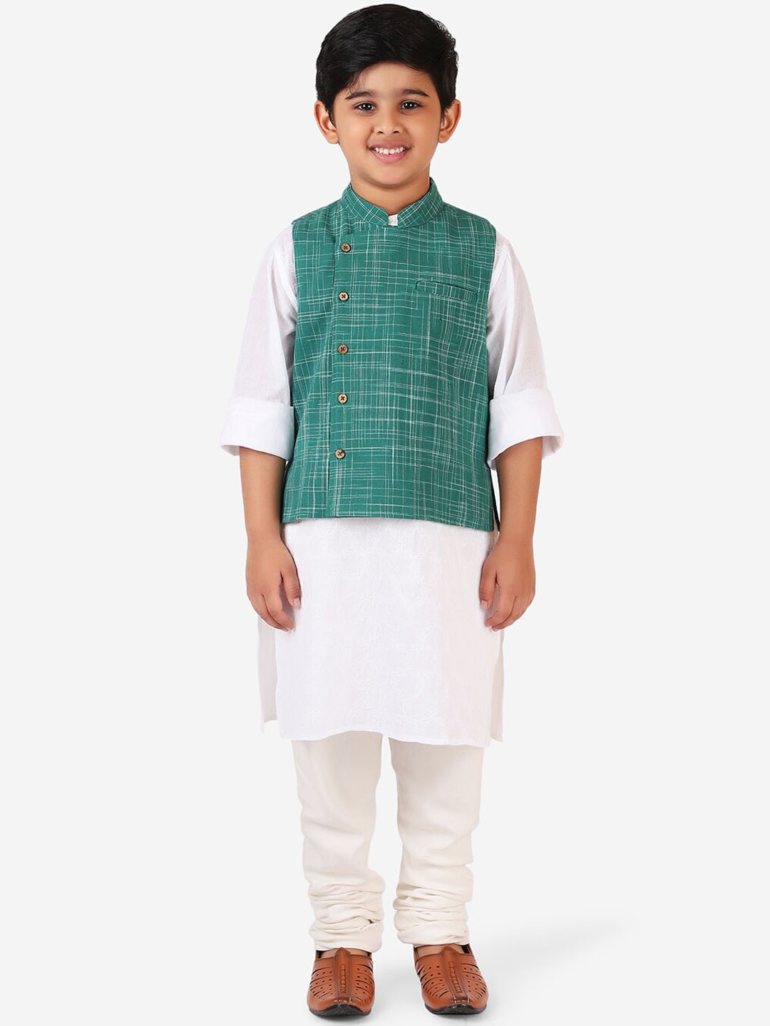 

Fabindia Boys Green & White Woven Design Woven Pure Cotton Bana Nehru Jacket