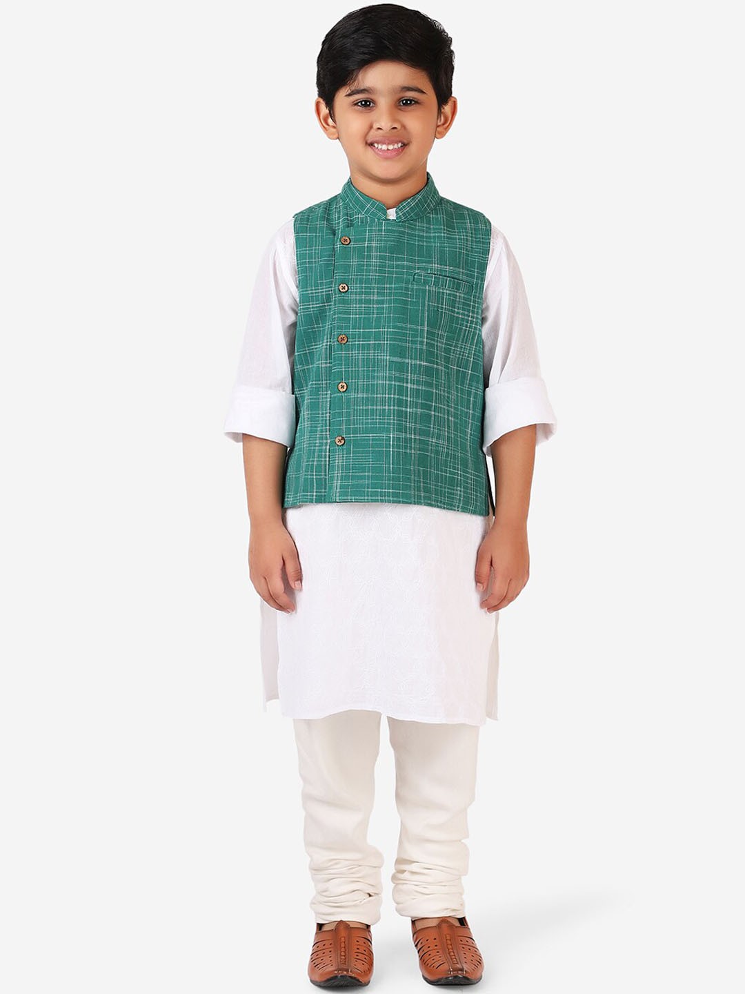 

Fabindia Boys Green Woven Pure Cotton Nehru Jackets