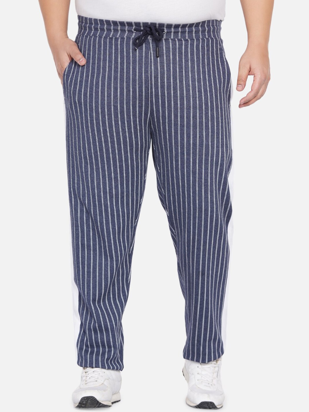 

John Pride Men Blue & White Striped Relaxed-Fit Cotton Track Pants