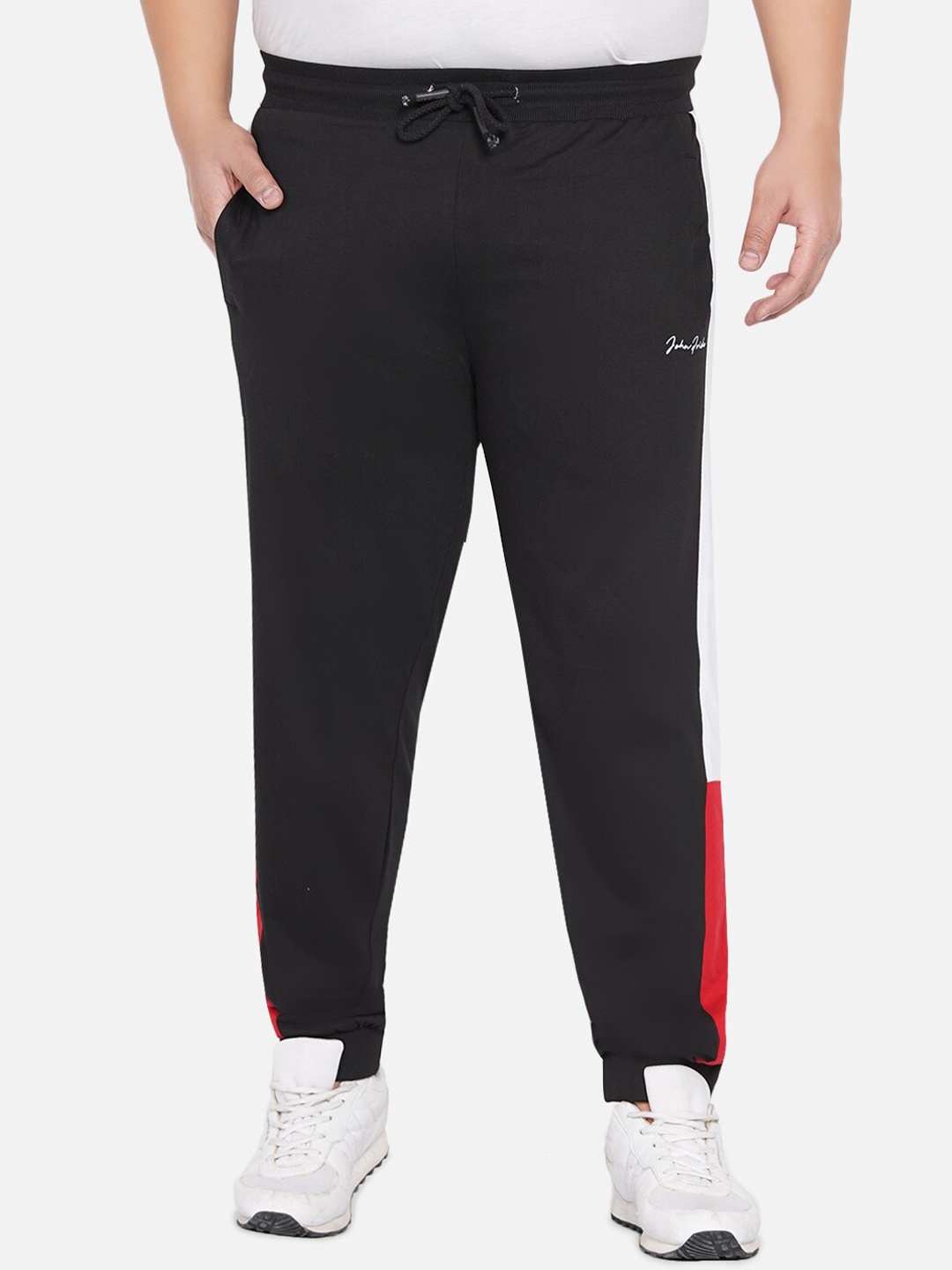 

John Pride Men Black & Red Plus Size Colorblocked Cotton Joggers Track Pants