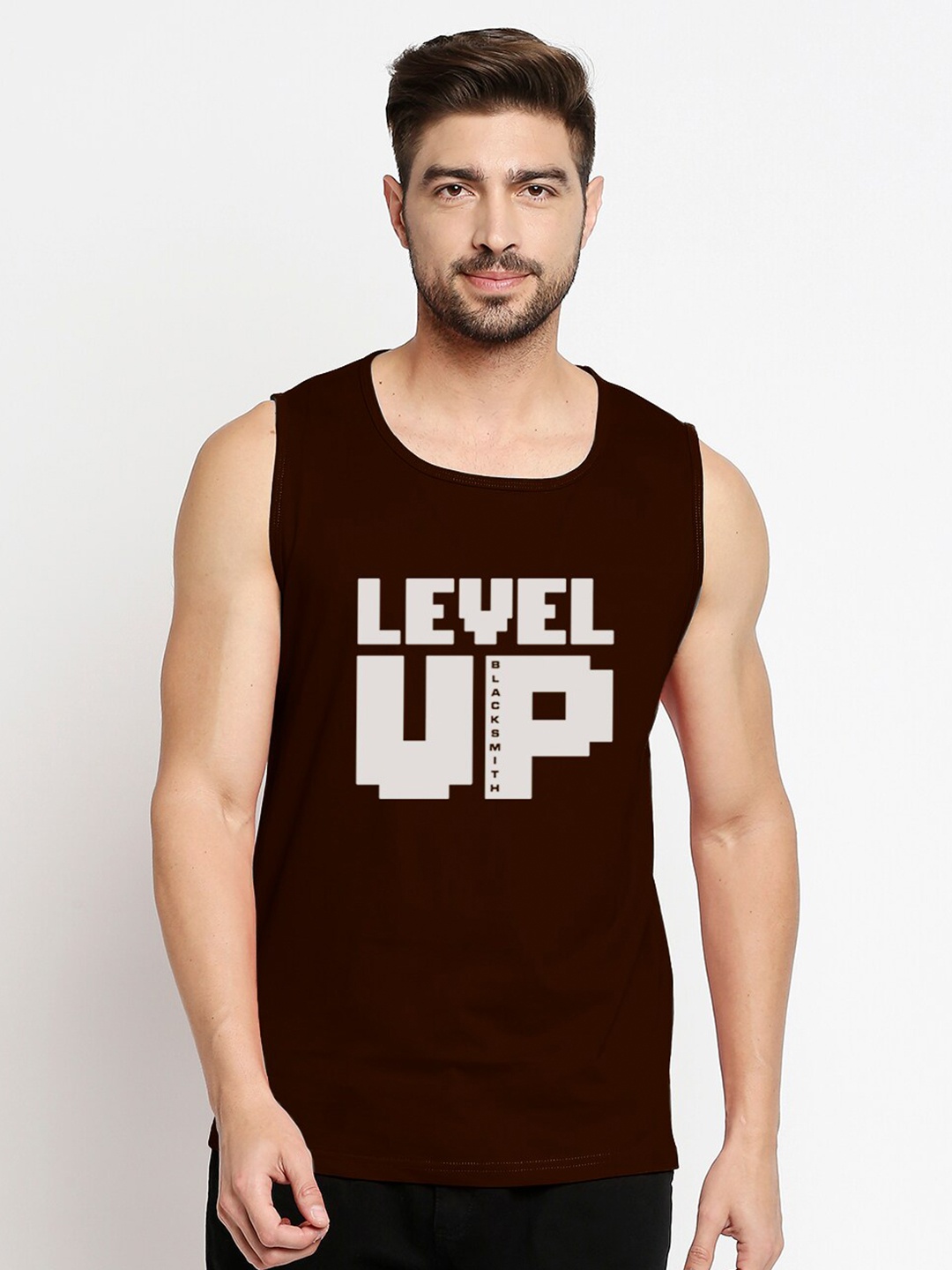 

Blacksmith Men Brown & Off-White Typography Printed Cotton Training or Gym T-shirt