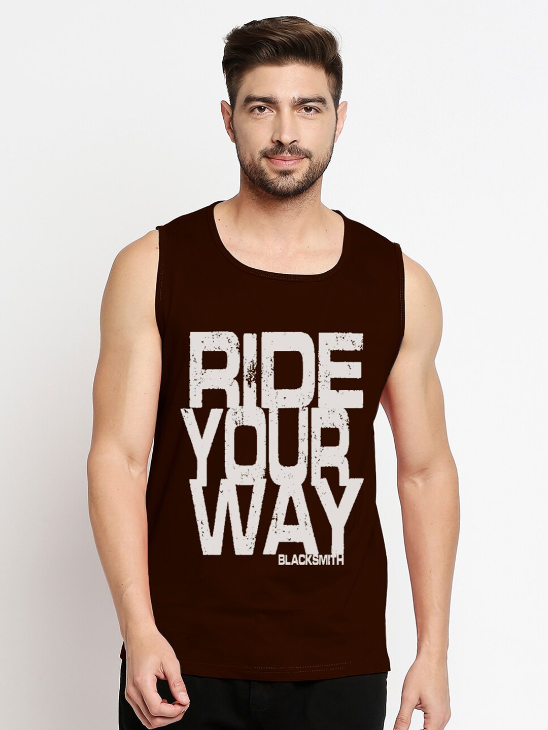 

Blacksmith Men Brown & Off White Typography Printed Pure Cotton T-shirt