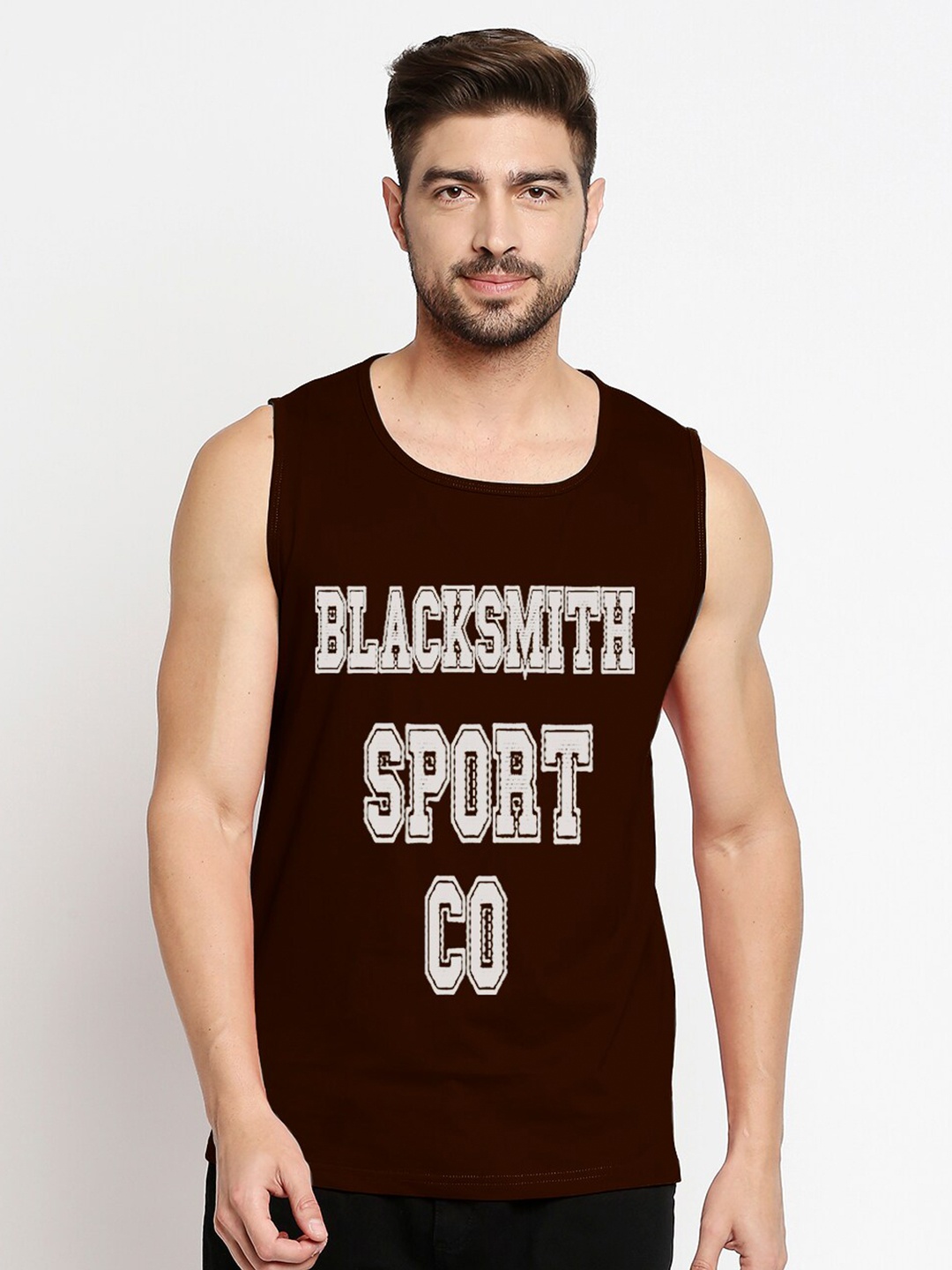 

Blacksmith Men Brown Typography Printed Training or Gym Pure Cotton T-shirt