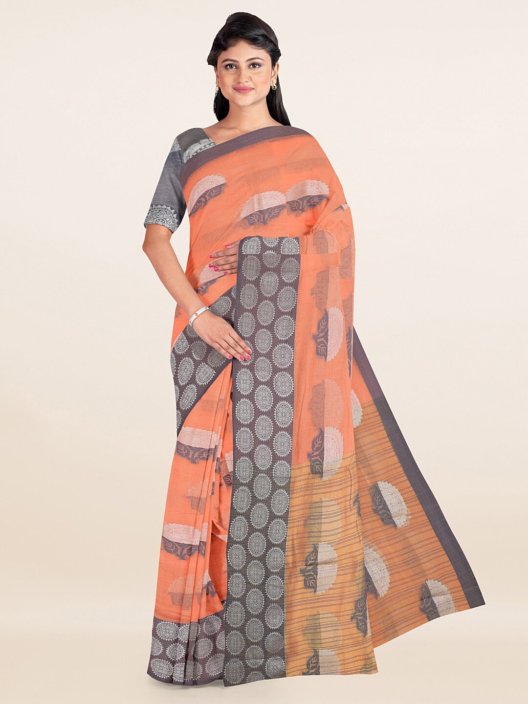 

Pothys Peach-Coloured & Mauve Ethnic Motifs Cotton Blend Saree