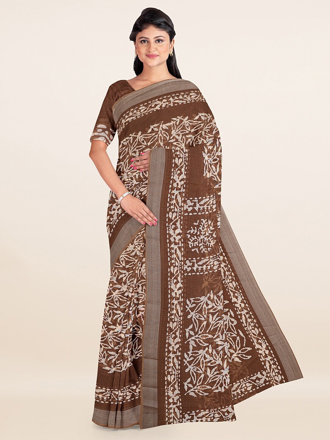 

Pothys Brown & Silver-Toned Ethnic Motifs Linen Blend Saree