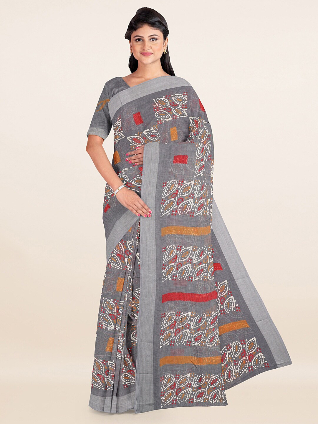 

Pothys Grey & Red Ethnic Motifs Linen Blend Saree