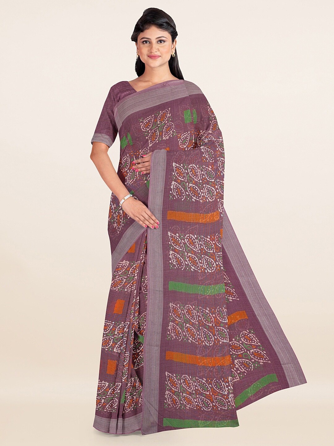 

Pothys Mauve & Orange Paisley Linen Blend Saree