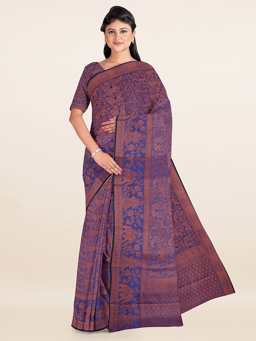 

Pothys Blue & Copper-Toned Ethnic Motifs Zari Jute Silk Saree