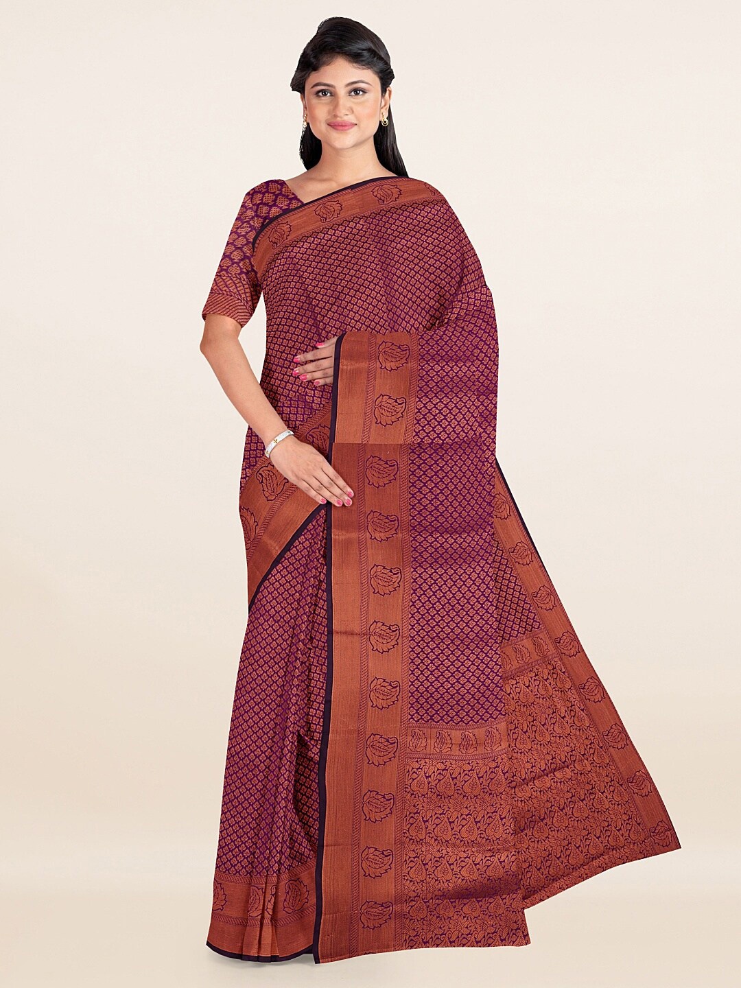 

Pothys Violet & Gold-Toned Woven Design Saree