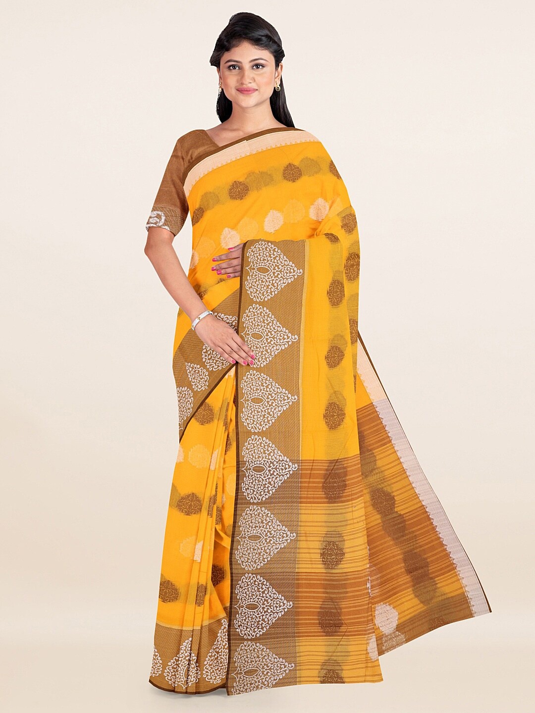 

Pothys Yellow & Brown Ethnic Motifs Saree