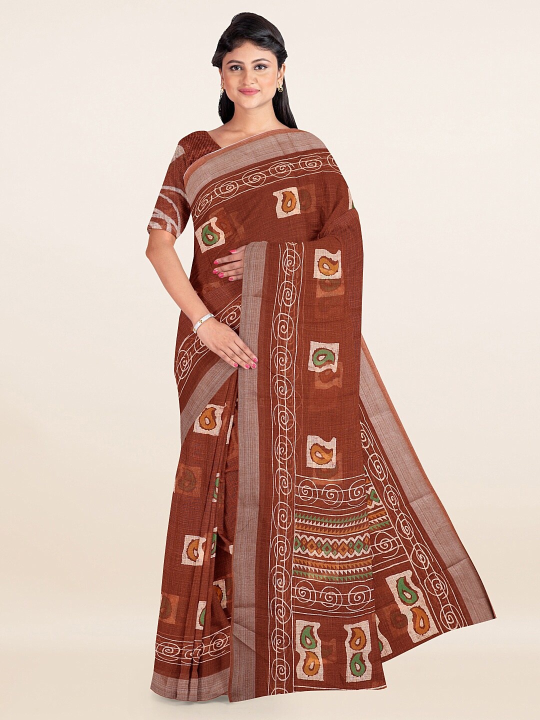 

Pothys Brown & Silver-Toned Ethnic Motifs Linen Blend Saree