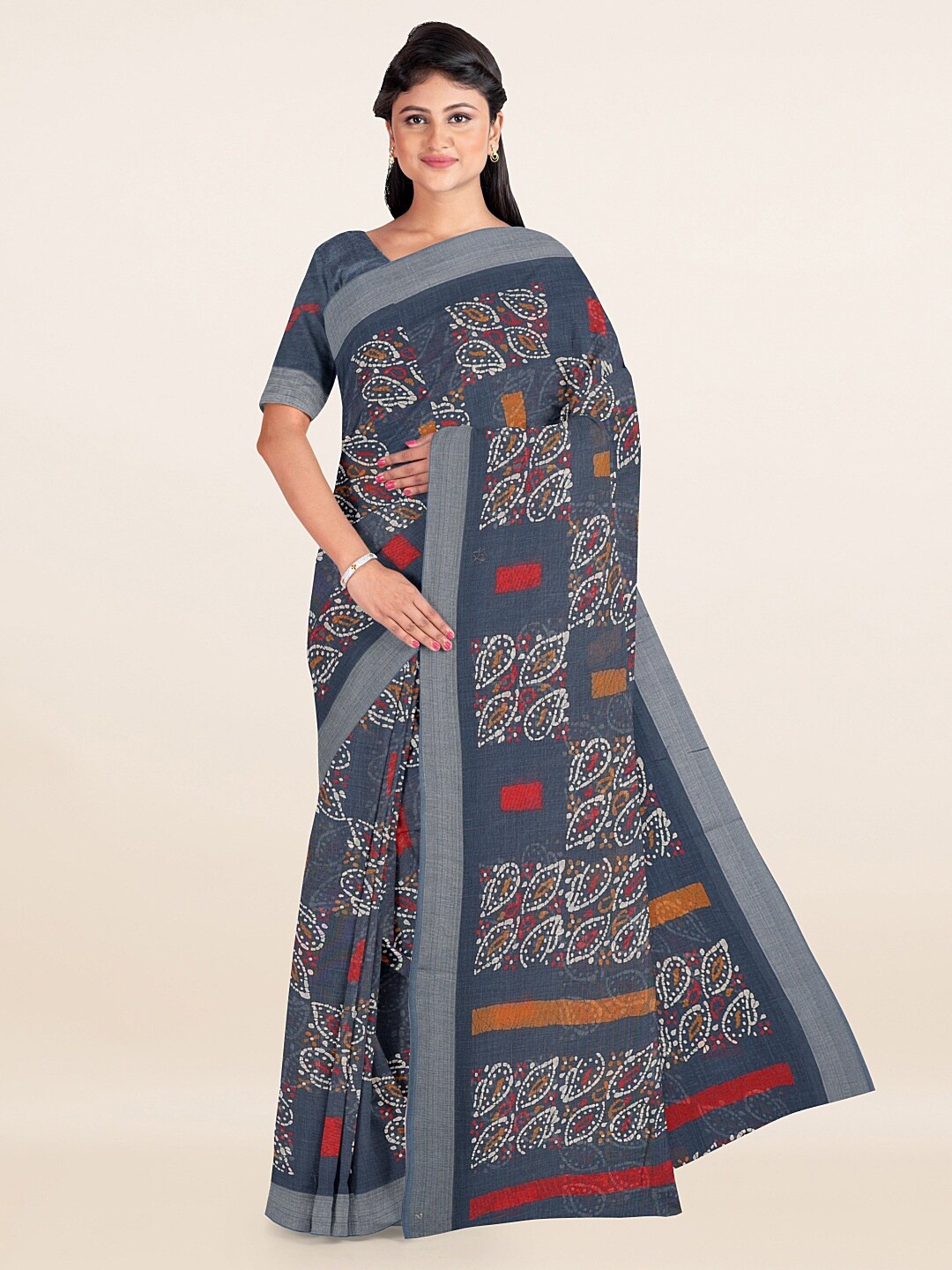 

Pothys Blue & Grey Ethnic Motifs Printed Linen Blend Saree