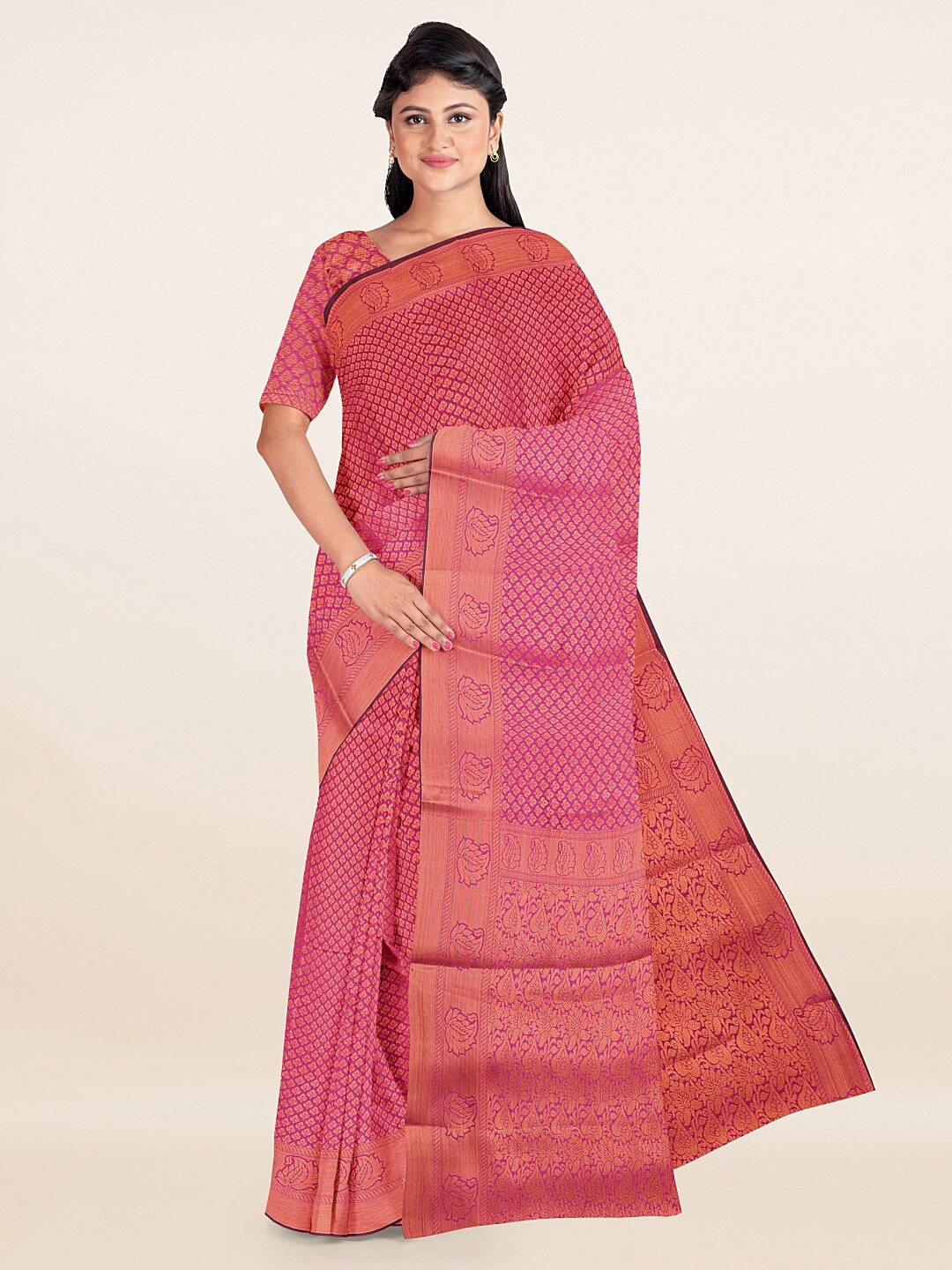 

Pothys Pink & Gold-Toned Woven Design Zari Jute Silk Saree