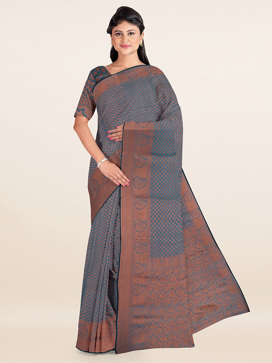 

Pothys Blue Ethnic Motifs Zari Jute Silk Saree