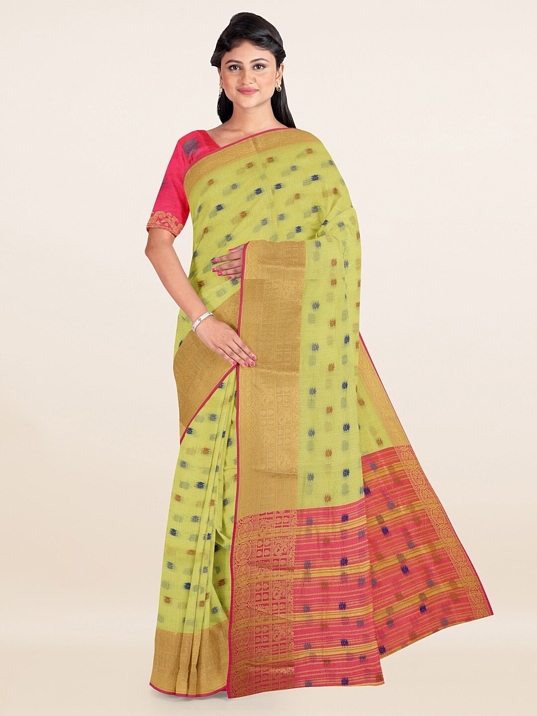 

Pothys Green & Pink Woven Design Cotton Blend Zari Saree