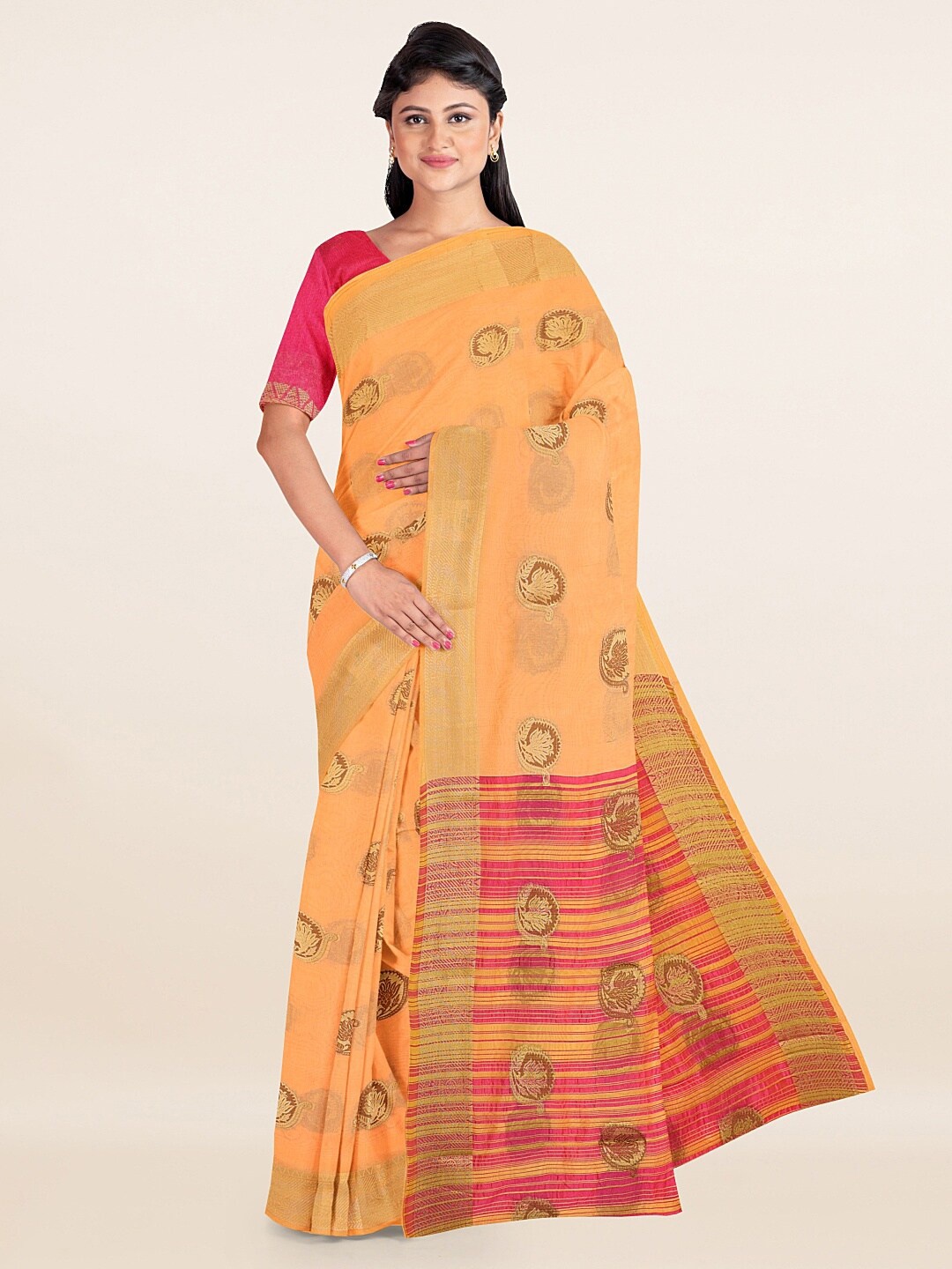 

Pothys Women Peach Printed Cotton Blend Saree