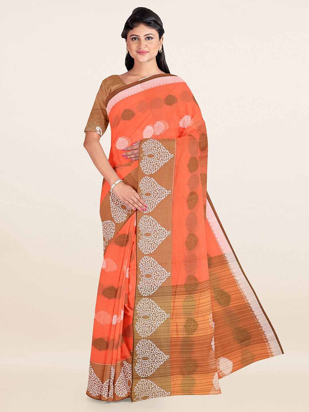 

Pothys Peach-Coloured & Silver-Toned Ethnic Motifs Zari Saree