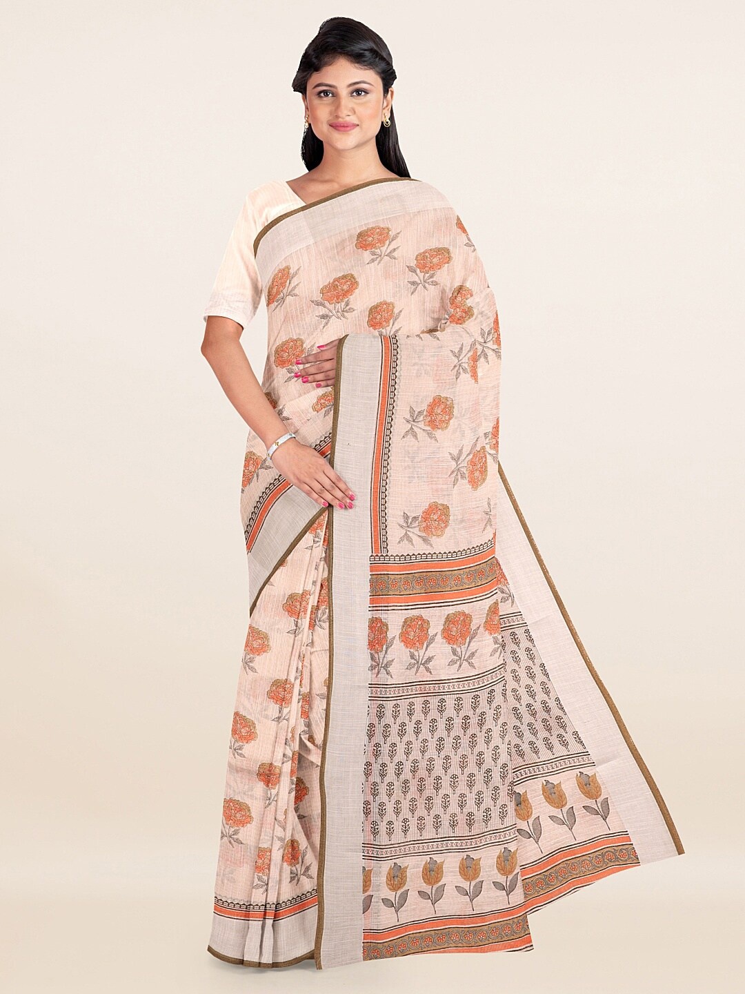 

Pothys Cream-Coloured & Grey Floral Saree