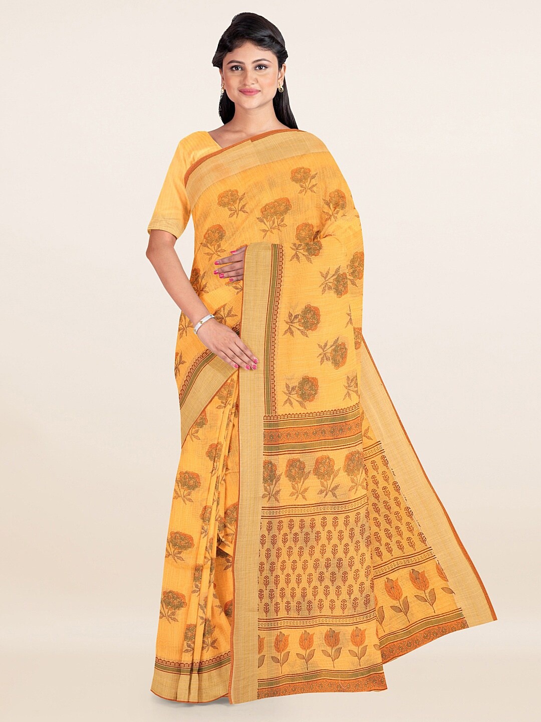 

Pothys Yellow & Gold-Toned Ethnic Motifs Saree