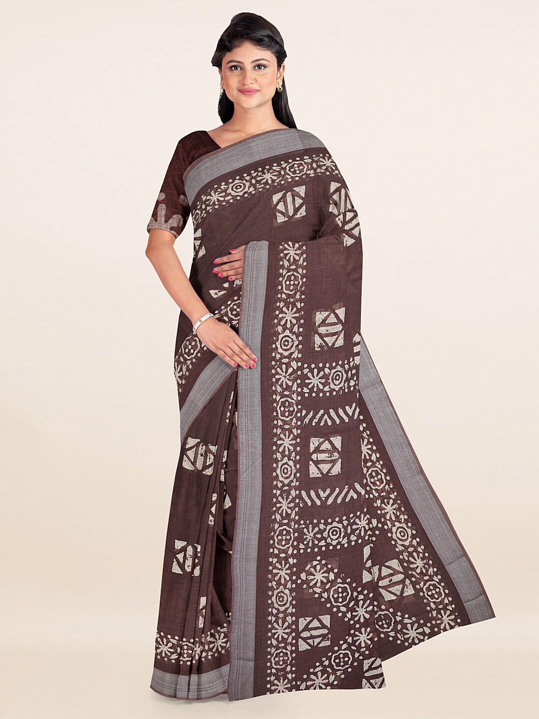 

Pothys Brown Ethnic Motifs Printed Linen Saree