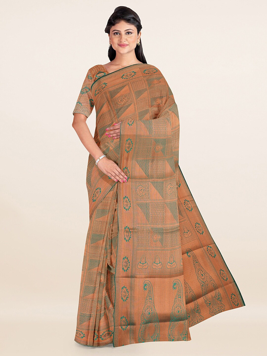 

Pothys Women Green Printed Jute Silk Saree