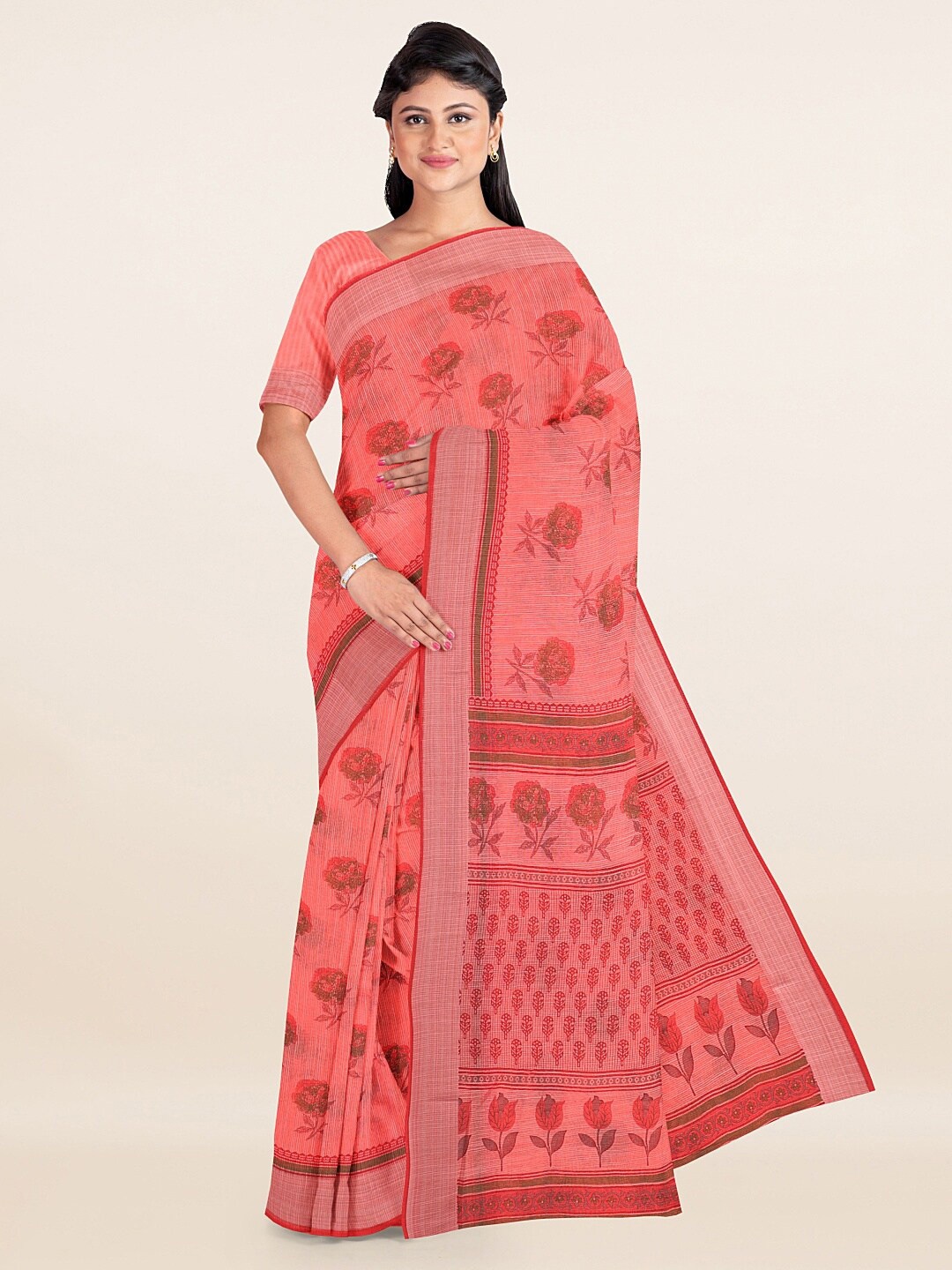 

Pothys Pink & Silver-Toned Ethnic Motifs Saree