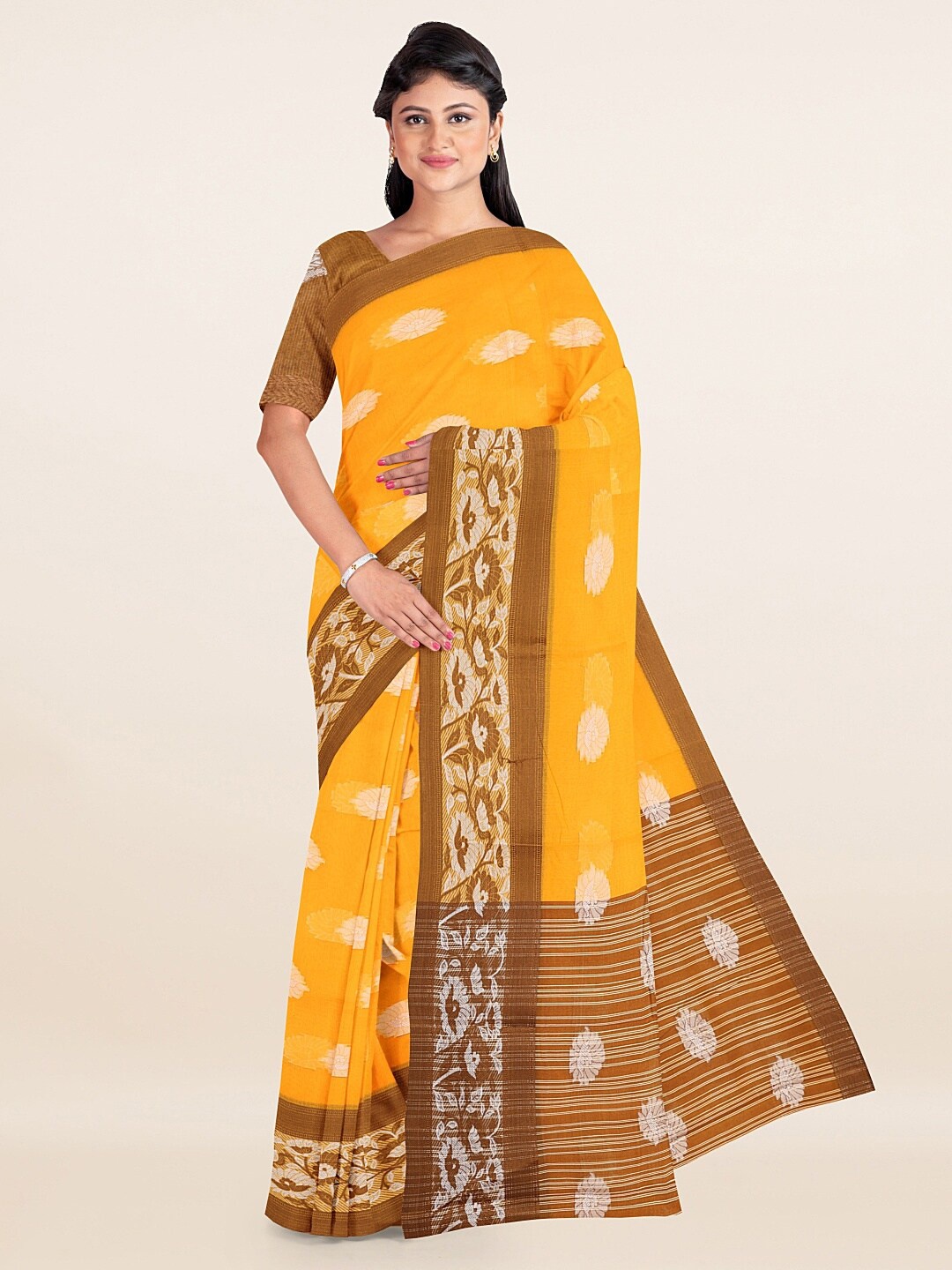 

Pothys Yellow & Brown Floral Printed Zari Cotton Blend Saree