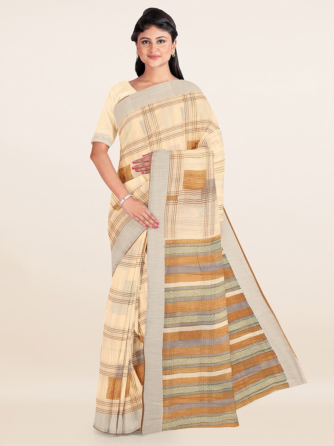 

Pothys Cream-Coloured & Brown Saree
