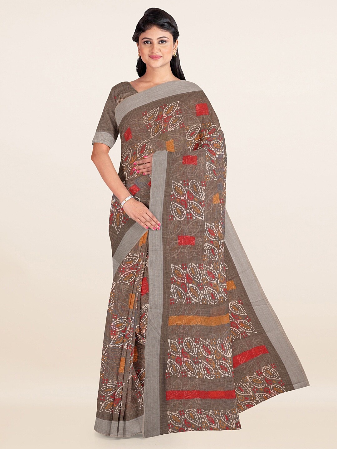 

Pothys Tan & Silver-Toned Ethnic Motifs Linen Blend Saree