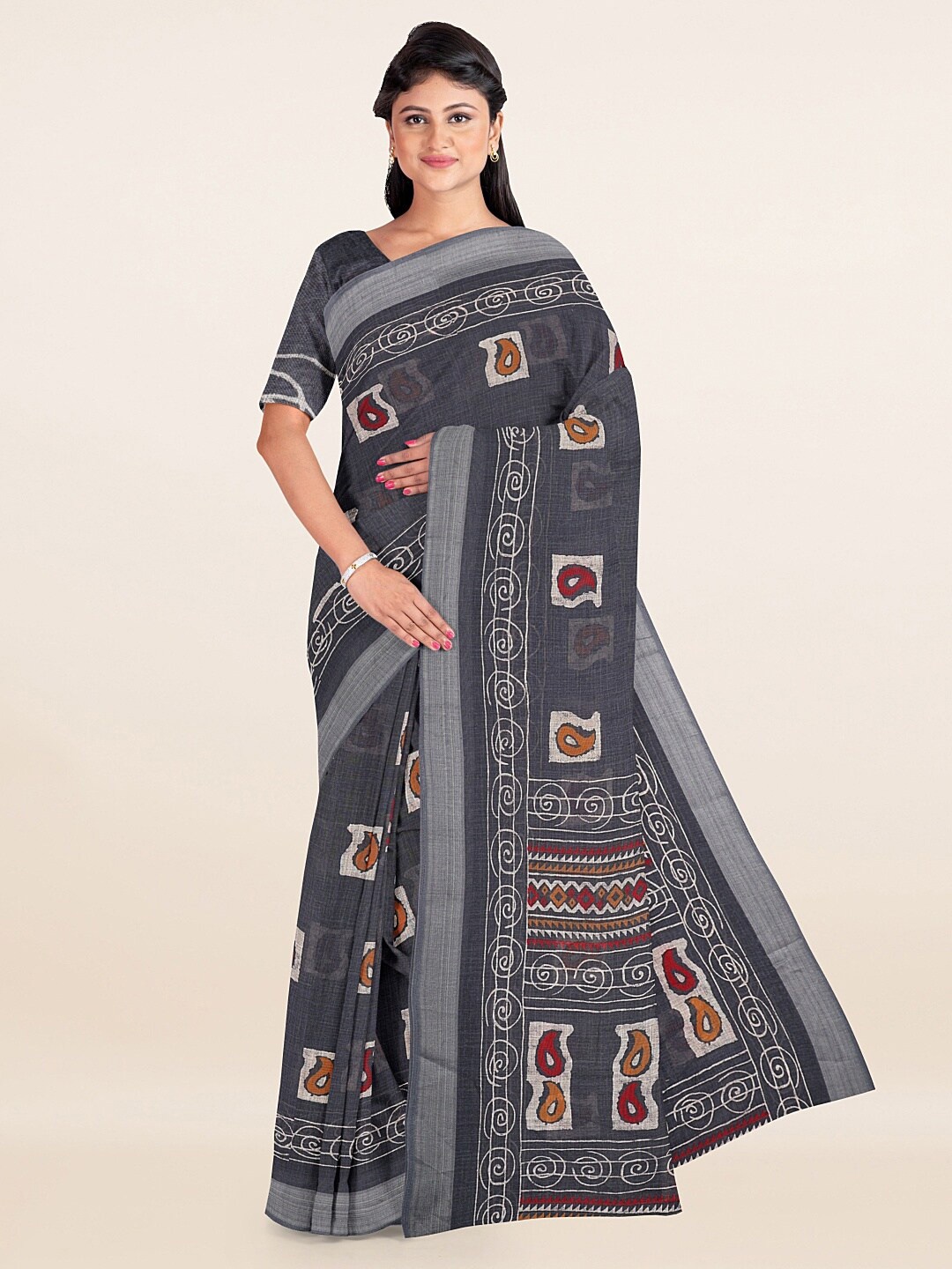 

Pothys Grey & Silver-Toned Ethnic Motifs Zari Linen Blend Saree