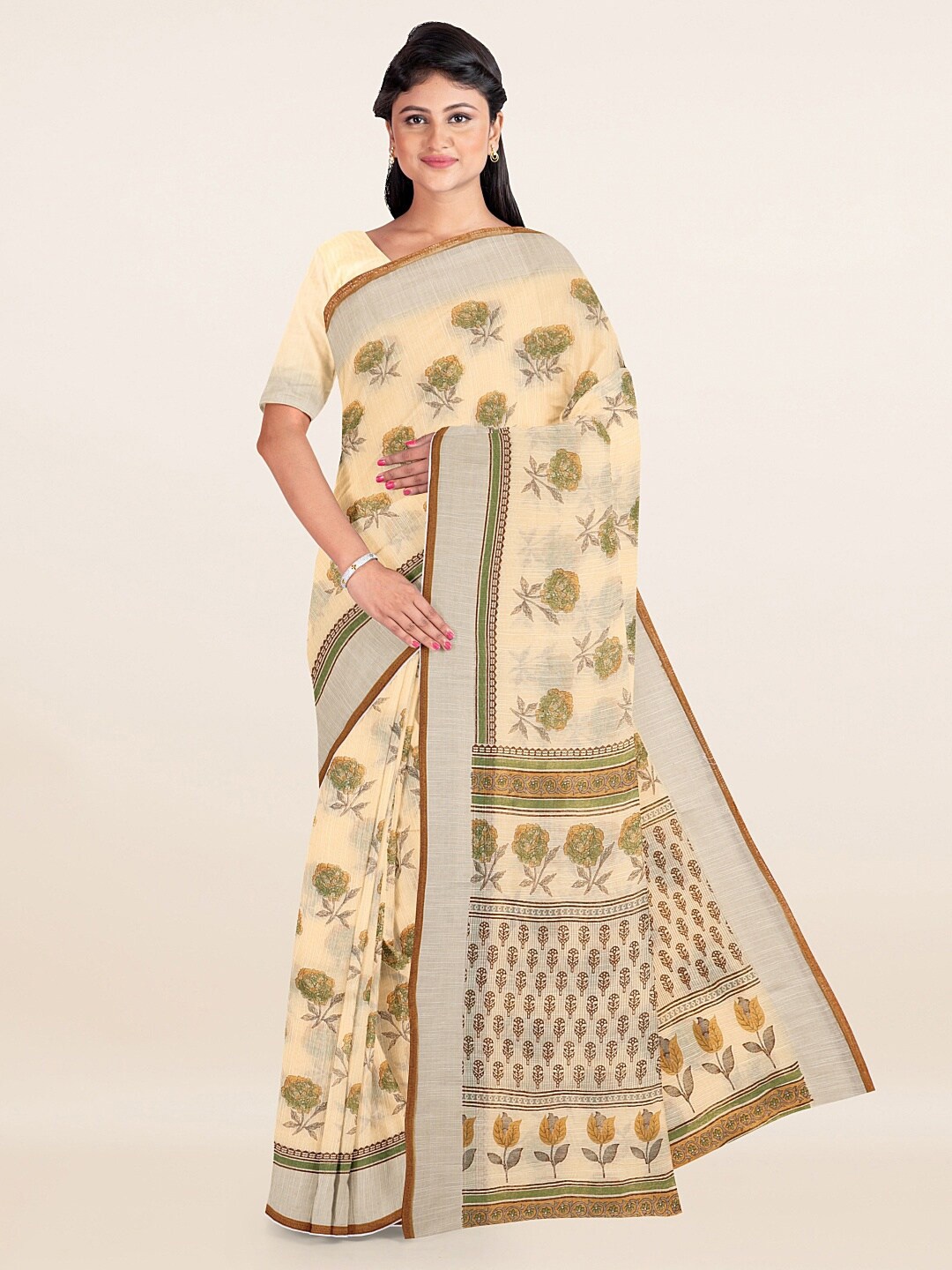 

Pothys Cream-Coloured & Green Ethnic Motifs Printed Zari Saree