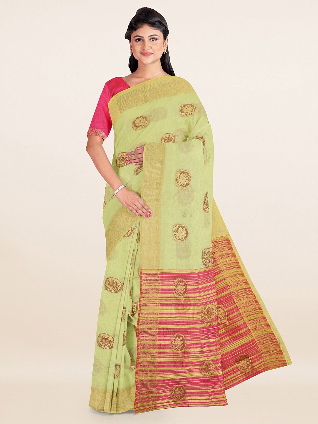 

Pothys Green & Pink Ethnic Motifs Printed Cotton Blend Saree