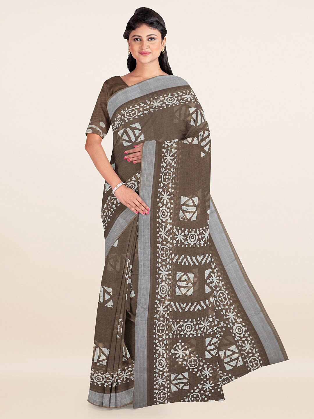 

Pothys Brown & Silver-Toned Floral Zari Linen Blend Saree
