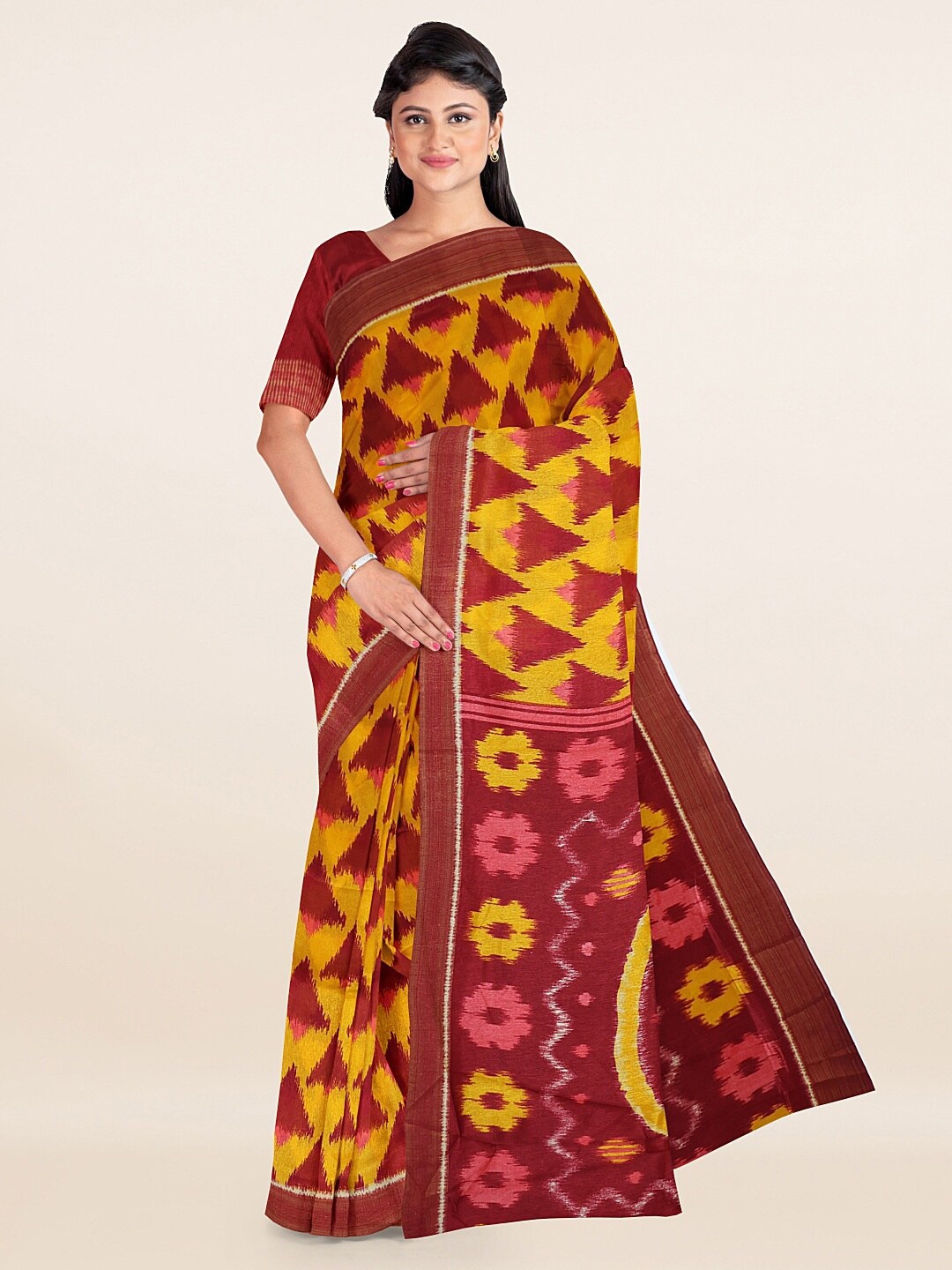 

Pothys Yellow & Burgundy Geometric Printed Saree