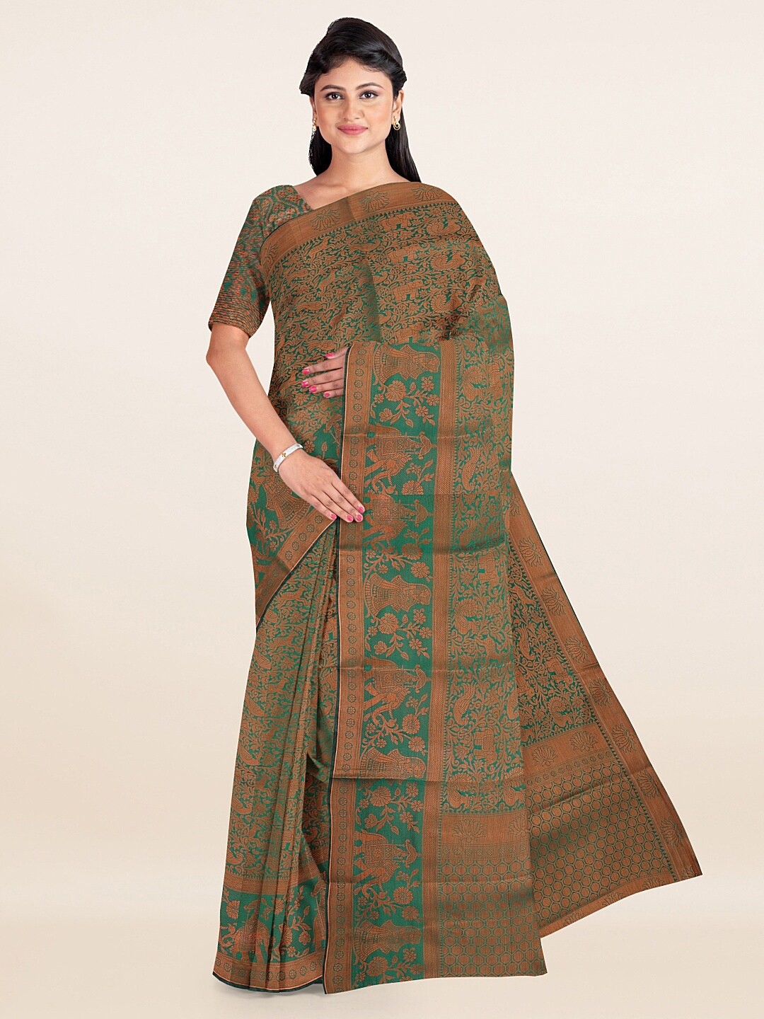 

Pothys Green & Copper-Toned Ethnic Motifs Zari Jute Silk Saree
