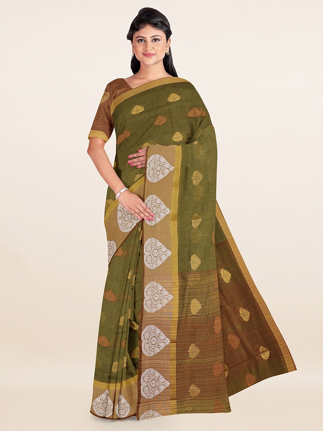 

Pothys Green & Gold-Toned Woven Design Zari Saree