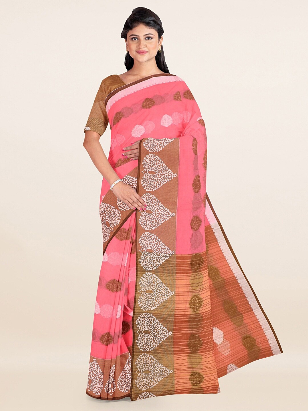 

Pothys Pink & Gold-Toned Ethnic Motifs Zari Saree