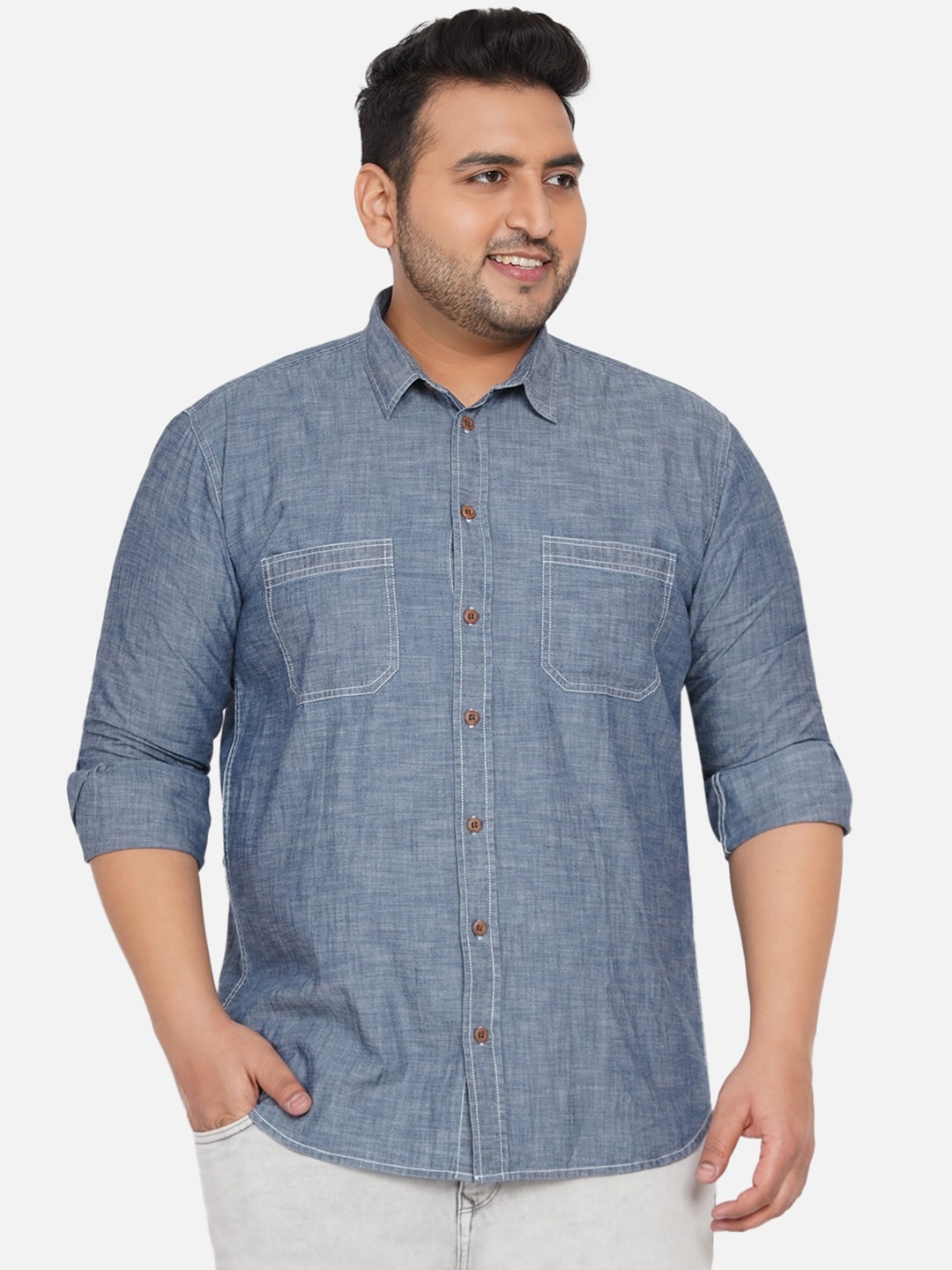 

John Pride Men Plus Size Blue Plus Size Casual Shirt With Double Pockets