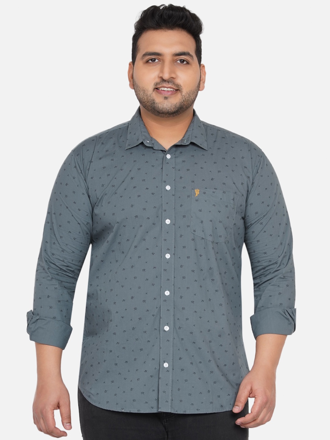 

John Pride Men Grey Printed Cotton Plus Size Casual Shirt