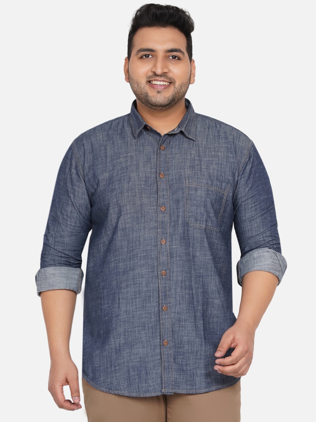 

John Pride Men Plus Size Blue Denim Cotton Casual Shirt