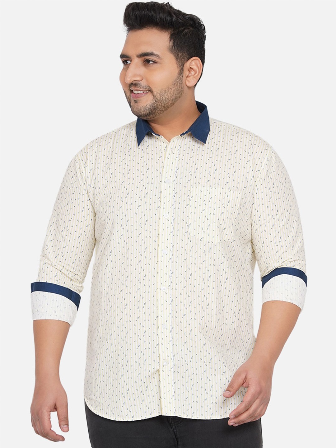 

John Pride Men Yellow & Navy Blue Floral Striped Plus Size Casual Shirt